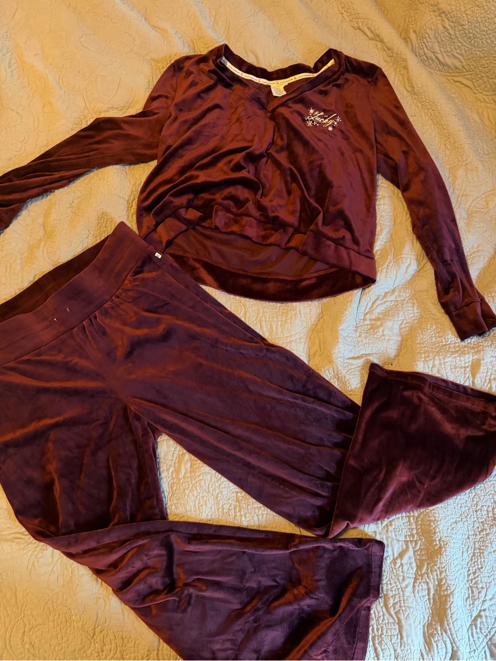 Lucky Brand Velvet Two-Piece Sleep Set - deep burgundy